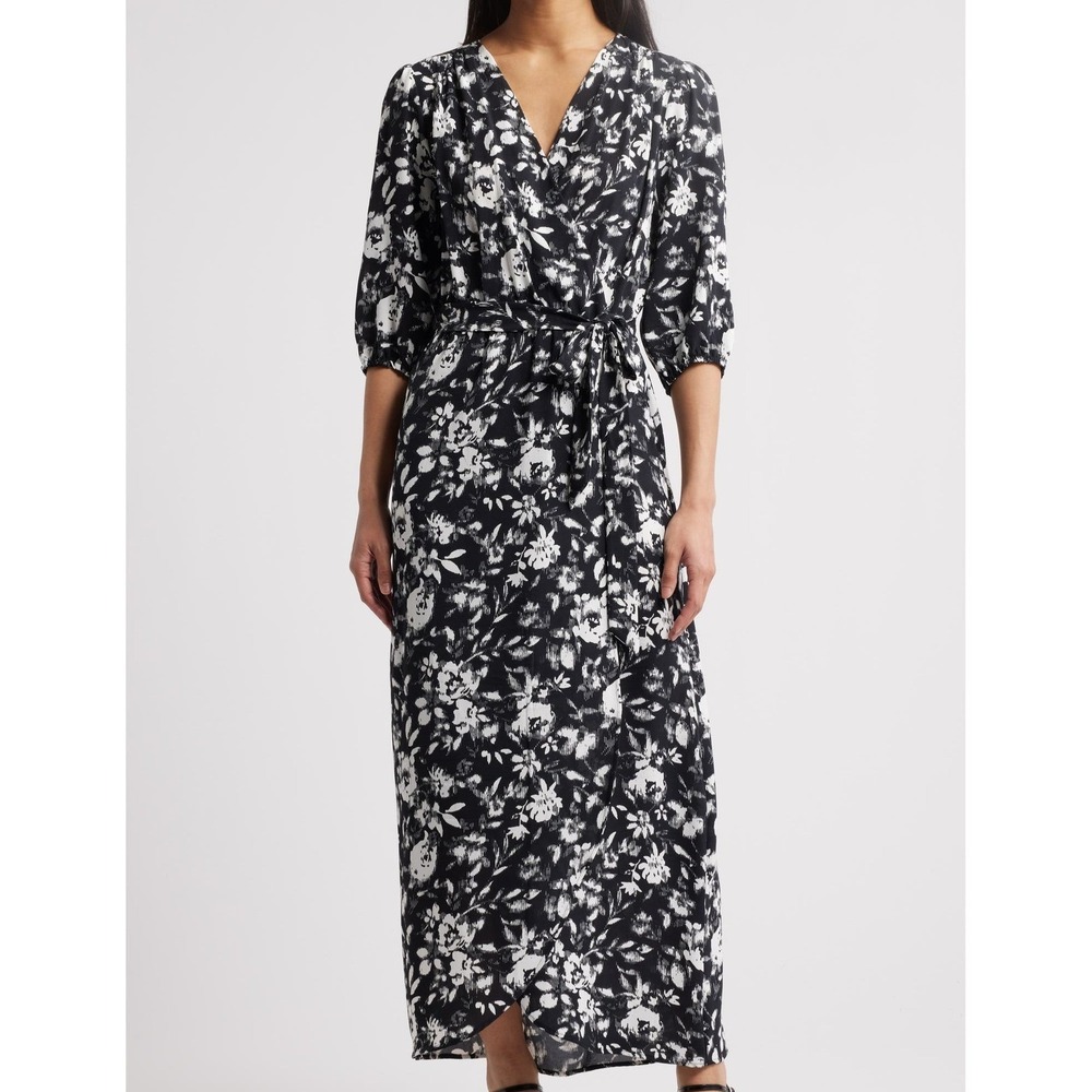 Connected Apparel Puff Sleeve Faux Wrap Maxi Black Floral Dress Womens Size 20W
